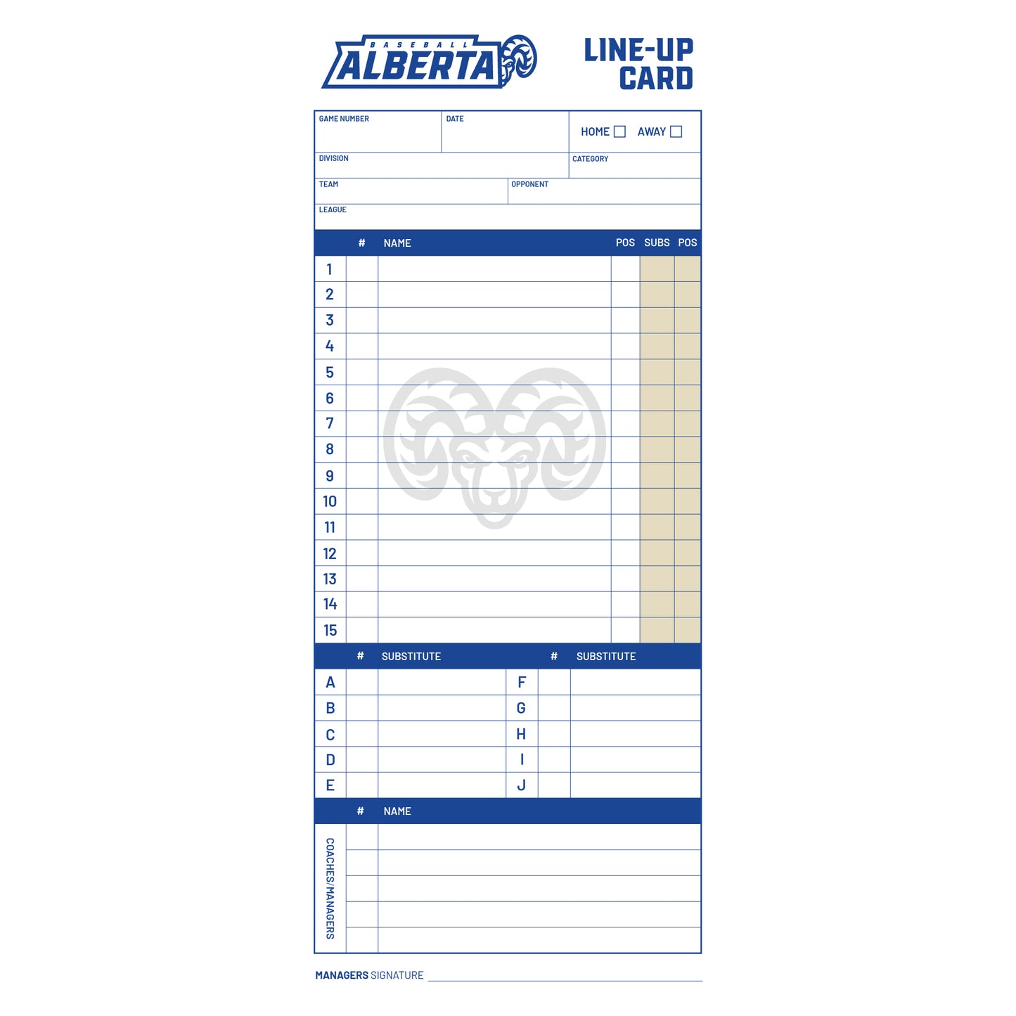 Baseball Alberta Official Line-Up Card